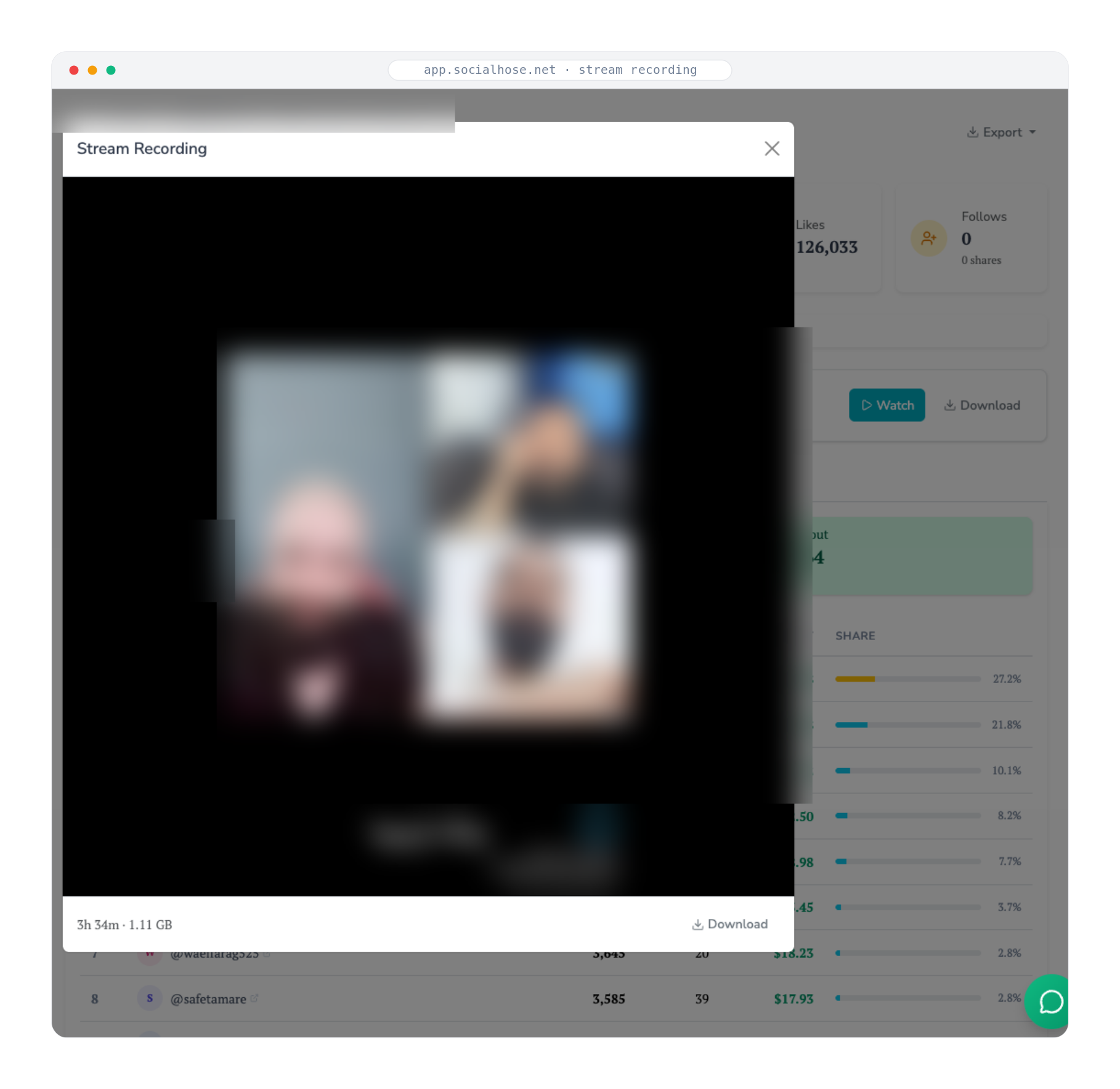 In-app stream recording player with a watermarked video, duration, file size, and a download control